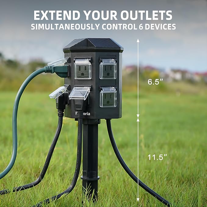 Outdoor Power Stake Timer, Remote Control Dusk to Dawn Light Timer, 60FT Extension Cord Waterproof, 6 Grounded Outlets for Outdoor Christmas Decorations, ETL Listed
