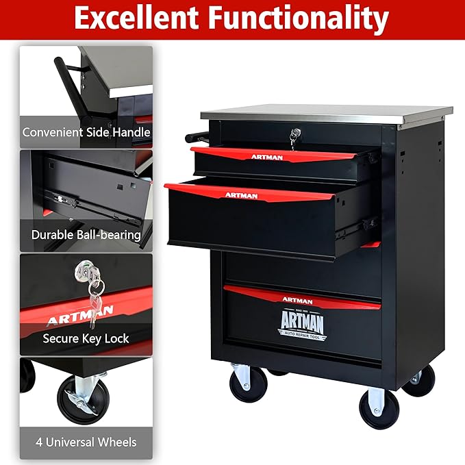 RYH 4/5/6/7 Drawers Rolling Tool Chest -Heavy Duty Mobile Metal Tool Box with Locking Wheels, with Stainless Steel Worktop, Garage Tool Storage Cabinet (Black, 4-Drawers 30.7 H¡¿22.2 W)