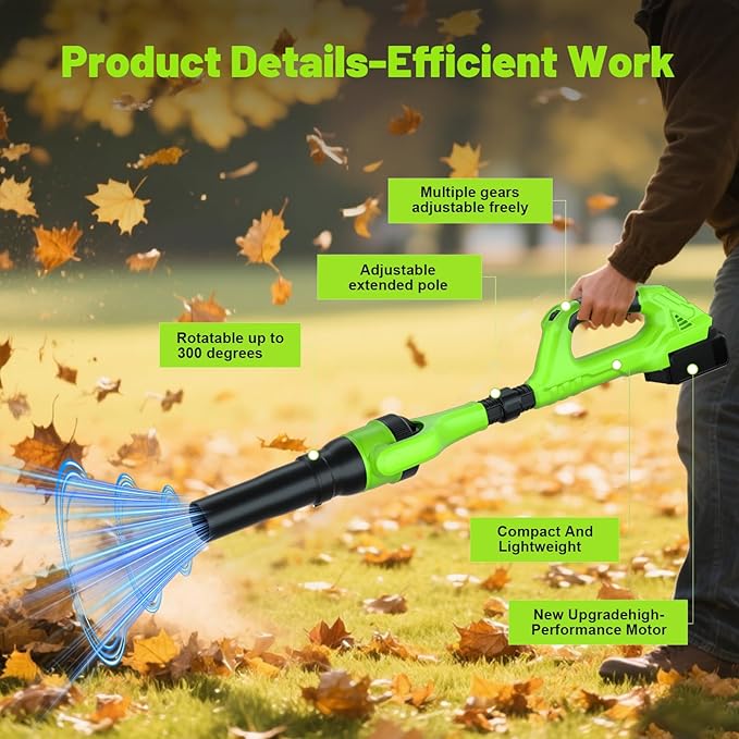 Leaf Blower Cordless, 21V Electric Leaf Blower Cordless with 2 Batteries, Adjustable 300¡Æ Multi-Angle Rotation Nozzle 3 Speed Modes 500CFM/180MPH for Lawn Care, Patio, Dust, Leaves, Yard, Car, Gutter