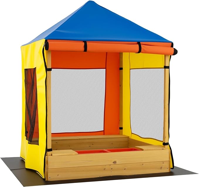 Costzon Kids Wooden Sandbox with Canopy, Outdoor Fir Wood Playhouse with Bottom Liner, Roll-up Door Curtains, Bench Seats & Storage Space, Sand Playground for Garden Backyard (Yellow&Blue)