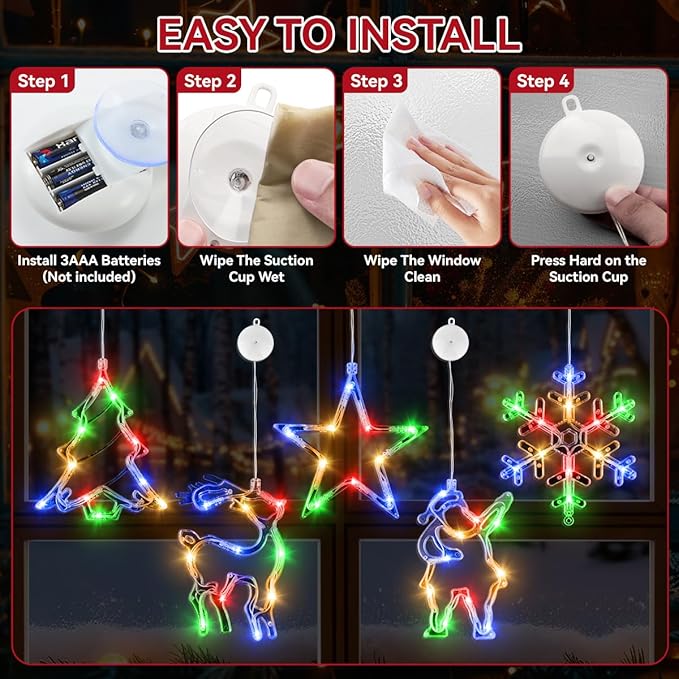 5Pcs Christmas Window Lights, Battery Powered Twinkle Lights Christmas Decorations Indoor Outdoor for Wall Door Porch Balcony Glass Decor with Suction Cup & Timer