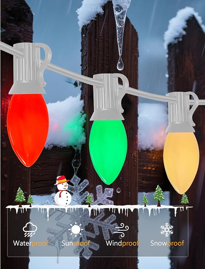 25Ft C9 LED Christmas Lights Outdoor, Vintage Christmas String Light Plug in with 26 Shatterproof C9 Multicolor Bulbs Christmas Decorations Lights for Christmas Tree Patio Roofline Party, White Wire