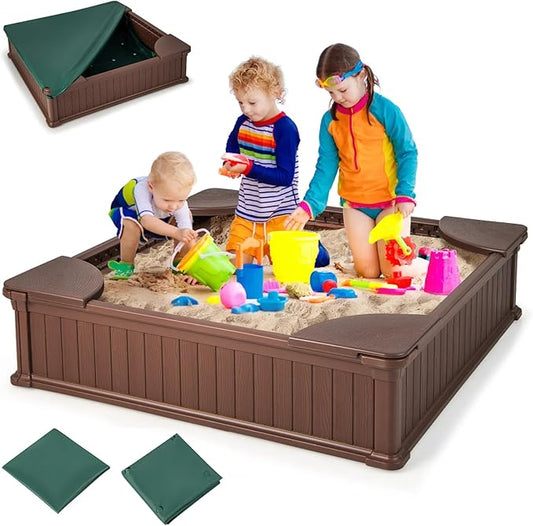 HONEY JOY 12.5 Kids Sandbox with Cover, 48 x 48 Inch Large HDPE Pit for Backyard, 4 Corner Seats & Bottom Liner, Sand Protection, All Weather Resistant Sand Boxes for Kids Outdoor (Coffee)