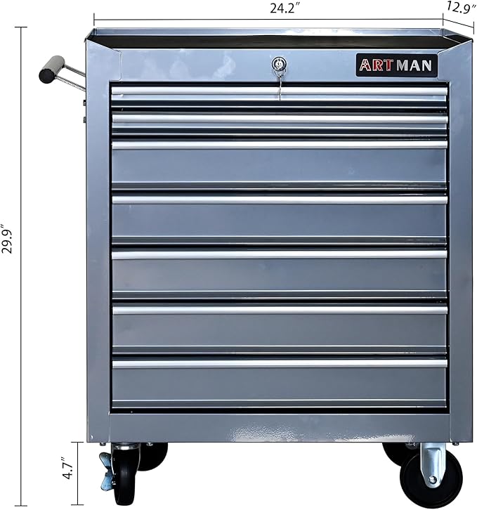 RYH 7 Drawers Rolling Tool Chest & Tool Box on Wheels | Heavy Duty Metal Cart with Ball Bearing Drawers | Fits US General Tool Box for Garage Storage (Silver, 7 Drawers£¨29.9 H ¡¿ 24.2 W ¡¿ 12.9 D)