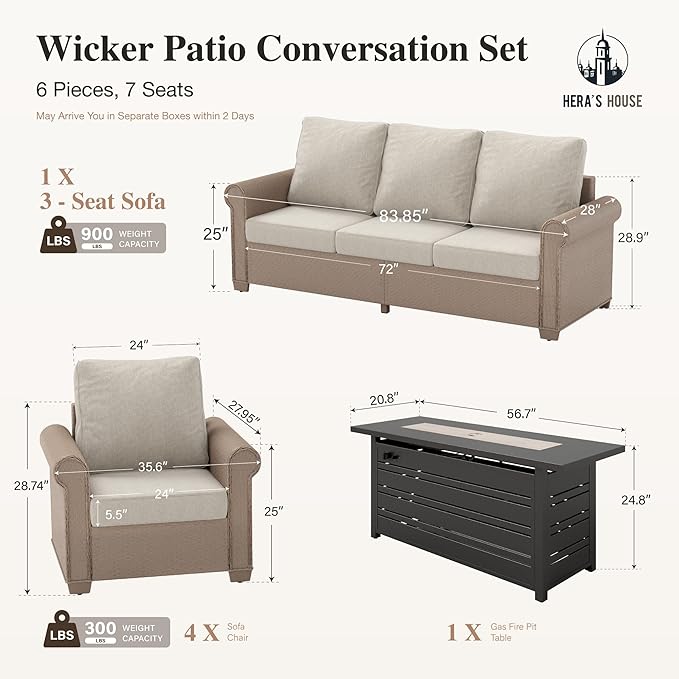 HERA'S HOUSE 6-Piece Patio Furniture Set, All Weather 7 Seats Outdoor Wicker Sofa with 57" Fire Pit Table, 5.5" Thick Waterproof Cushion Conversation Couch Set for Garden Deck Backyard, Beige