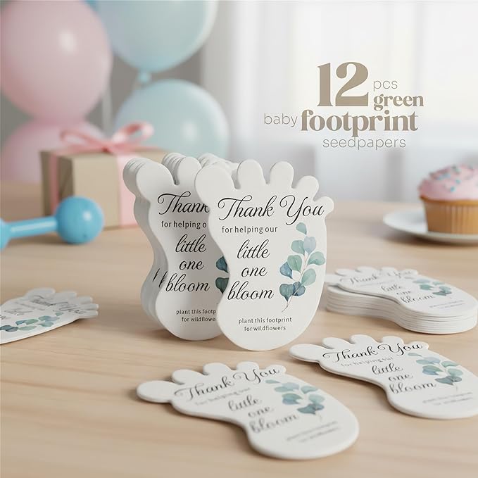 Baby Footprint Seed Paper – 12 pcs Green Baby Shower Favors for Guests with Wildflower Seeds, Writable & Plantable, Gender Reveal, Birthday Gifts for Guest