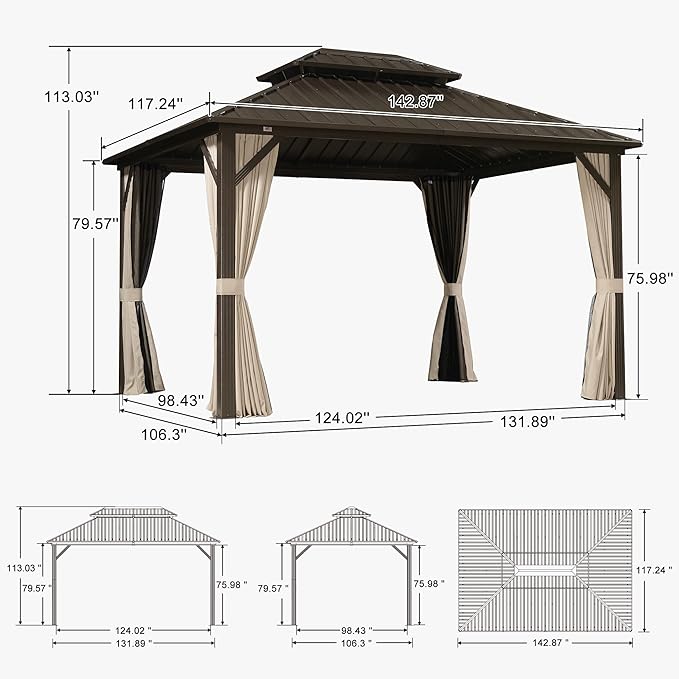 PURPLE LEAF 10’ X 12’ Outdoor Hardtop Gazebo Metal Frame Galvanized Steel Double Roof with Curtains and Nettings for Patio Desk Backyard Bronze