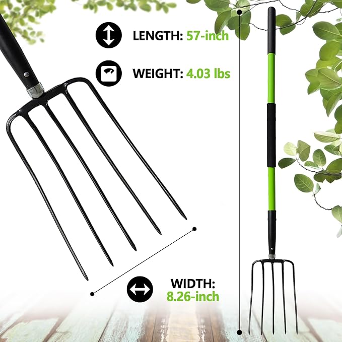 Pitch Fork-57 Inch£¬5-Tine Steel Garden Fork Heavy Duty, Mulch with Cushion Grip, Green Fiberglass Handle