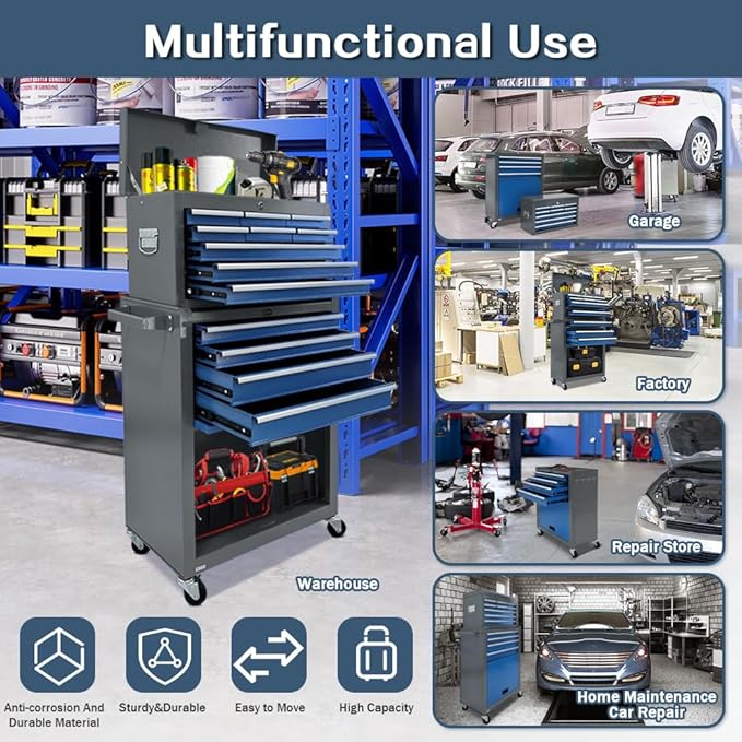 13-Drawer Rolling Tool Chest, 2-in-1 Heavy Duty Detachable Storage Cabinet with Lockable Wheels & Removable Top Box, 600 lbs Capacity for Mechanics, Garage Workshop (Blue£¦Grey)