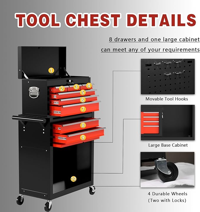 8-Drawer Rolling Tool Chest, High Capacity Removable Tool Storage Cabinet, Detachable Toolbox with Lock for Garage Warehouse and Workshop (BlackRed)