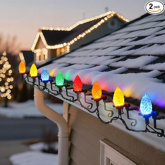 C9 LED Outdoor Christmas Lights,C9 String Lights with Quick Clips,for Xmas House Roof Gutter,Plug in & Connectable,132FT 200 Light,BlueWhite Faceted