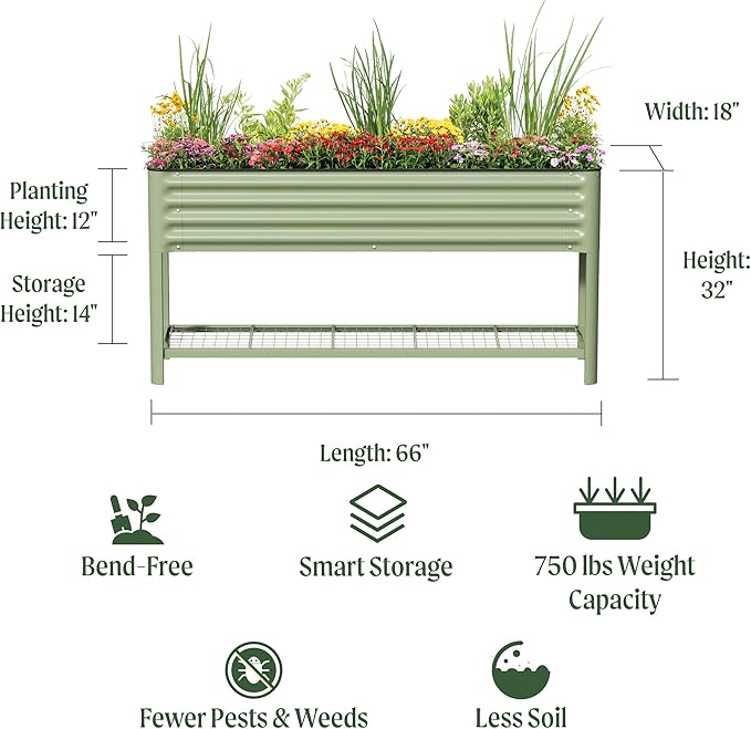 Elevated Raised Garden Bed- Slim Series, 1.5' x 5.5' Outdoor Planters Boxes with Legs & Storage Rack for Patio, 750 Lbs Weight Capacity, Raised Beds for Gardening Herbs Vegetables Flowers, Pearl White
