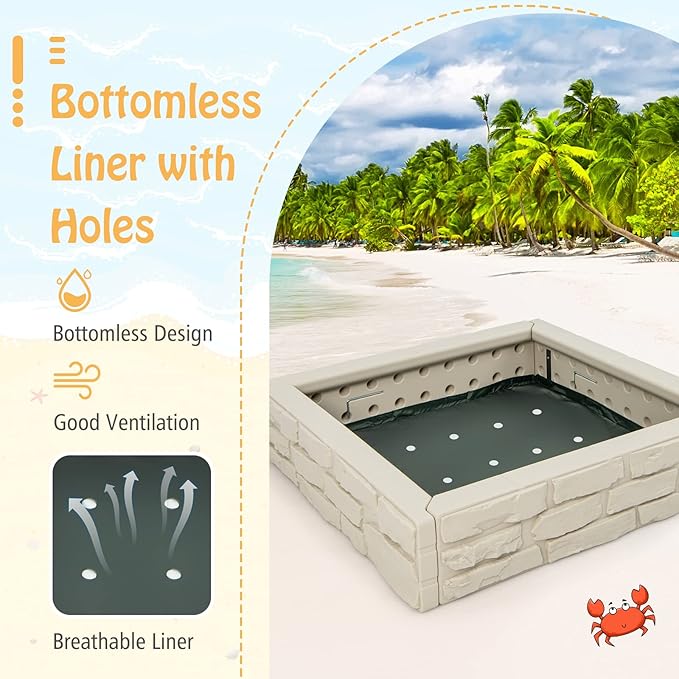 HONEY JOY Sandbox with Cover, 47 x 47 Inch Square Sand Pit for Backyard, Bottom Drainage Oxford Liner, HDPE Playful All Weather Resistant Sand Boxes for Kids Outdoor with Lid (White)