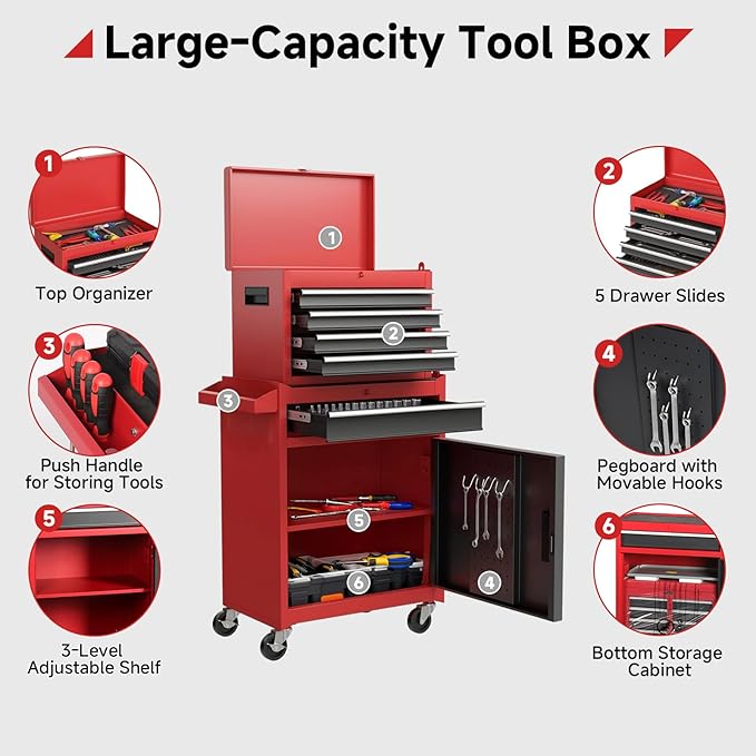 Rovibek Tool Chest, 5-Drawer Metal Tool Box with Wheels, Rolling Tool Chest with Foam Packaging, Lockable Wheels, Detachable Top Tool Box, Tool Storage Cabinet for Garage Workshop Warehouse, Pure Red