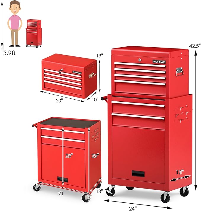 IRONMAX Rolling Tool Chest, 6-Drawer Lockable Tool Cabinet w/ 4 Universal Wheels, 2 in 1 Detachable Tool Box Storage Organizer for Garage Workshop Repair Shop (6-Drawer, Red)