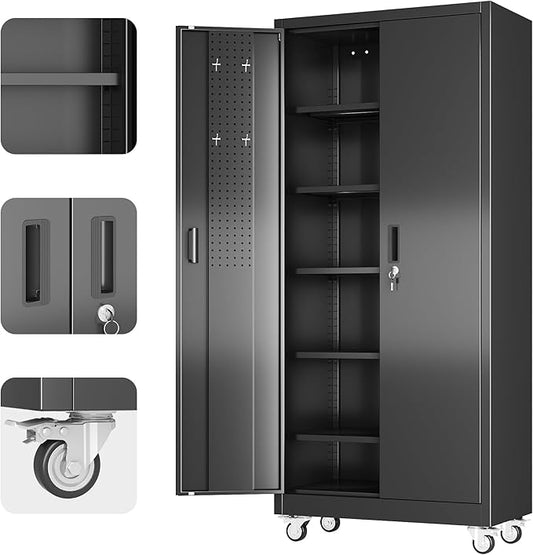 Aobabo Upgrade 71H''*32''W*16''D Metal Garage Storage Cabinet with Wheels and Pegboards, 5 Adjustable Shelves Steel Storage Cabinets for Home,Warehouse,Garage,Assembly Required,Black