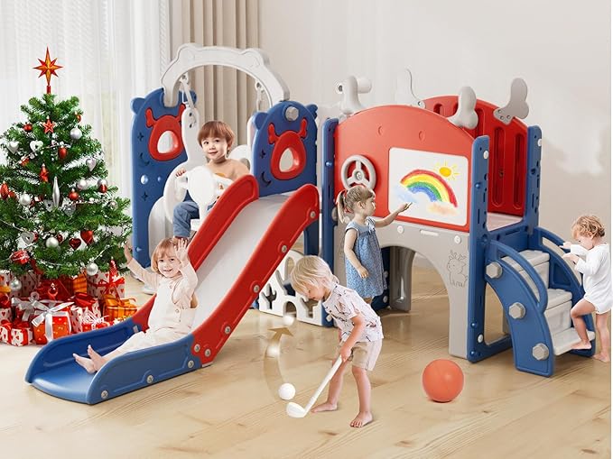 XJD 13-in-1 Toddler Slide and Swing Set, Kids Slide for Toddlers Age 1+, Toddler Outdoor Playset New Upgrade with Golf Set, Basketball Hoop, Drawing Board for Playground (Red Blue)