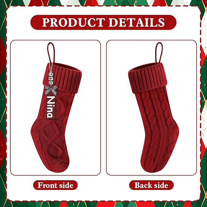Christmas Stockings 18 Inches,Long Knitted Stocking with Name Tags, Christmas Decoration Hanging Stockings Fireplace Xmas Tree Ornaments for Home Family