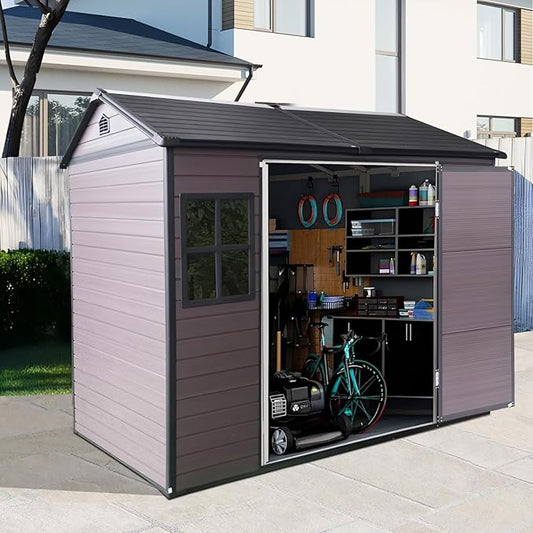8x6 FT Resin Storage Sheds Outdoor with Floor, 2 Windows & Lockable Door Storage Shed - Waterproof Garden Tool Shed, Patio & Backyard Tool Storage Cabinet Use - Brown