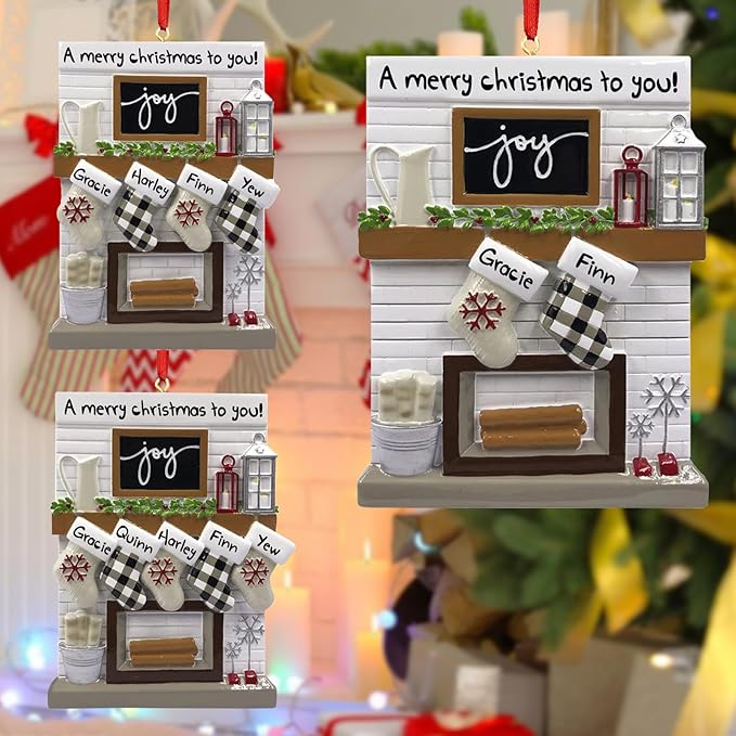 Frogaily Personalized Christmas Ornaments 2023 Fireplace Mantle Family of 2/3/4/5/6 Custom Joy Family Members' Name for Xmas Tree Decorations Customized New Year Keepsake Family Ornament（Family of 4）