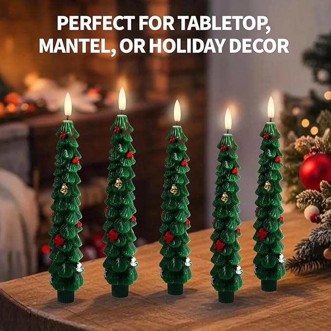 Flameless LED Christmas Tree Candles, 4 Pack – Battery Operated Holiday Decor with Realistic Tree Texture, Warm Flickering Light, Safe for Kids & Pets, Tabletop & Mantel Decorations