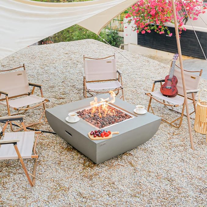 Westport Concrete Fire Pit - 34 x 34 Modern Fire Pit & Outdoor Fireplace Includes Lava Rocks for Garden, Deck & Indoor Heating