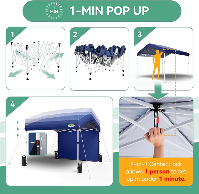 COBIZI 10x10 Pop Up Canopy with One Button Push Center Lock,Ez Up Portable Carport with 1 sidewall,Waterproof UV50+ Outdoor Party Commercial Carport Canopy Gazebos with Carry Bag(10 x 10 ft Dark Blue)