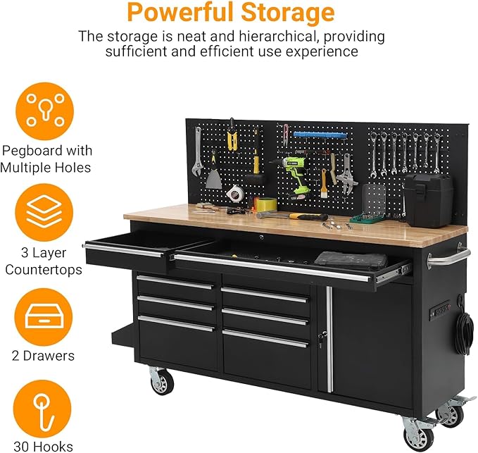 Tool Chest, 61 Inch Tool Box Mobile 9 Drawers Storage Rolling Cabinet with Wheels Lock Key Locking System Drawer Liners for Garage Warehouse Repair Shop, Black