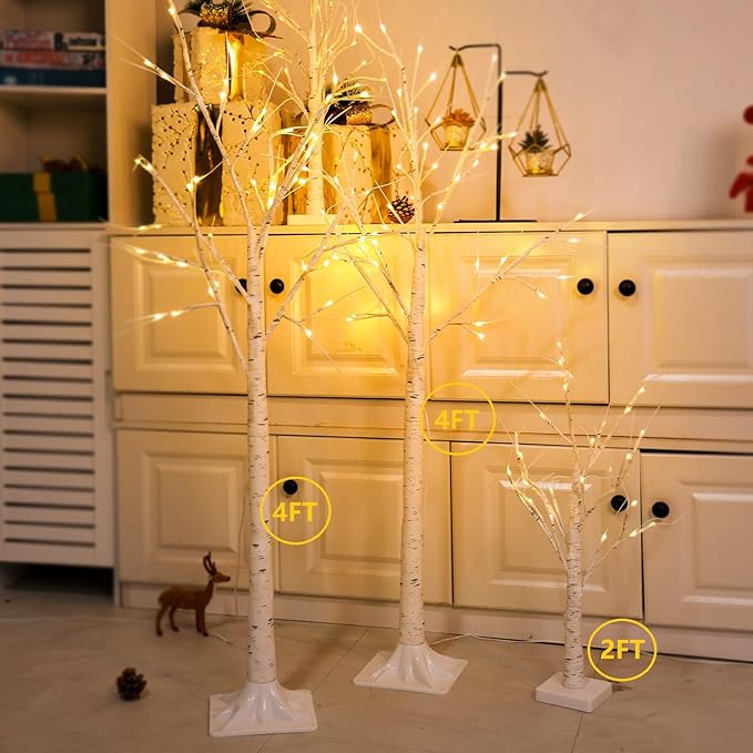 4-Pack 4FT Lighted Birch Trees (Higher Size & Floor Standing), 192 LED Twinkling Birch Christmas Tree Lights for Indoor & Outdoor, 2 Modes Warm White Tree Lights for Christmas Thanksgiving Home Decor
