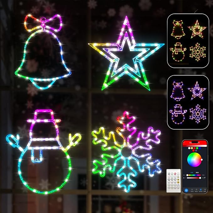 15'' Smart Christmas Window Lights 4 Pack, Color Changing Window Silhouette Lights, Timer, App Control, Music Sync, Bells, Snowflake, Star, Lighted Christmas Decorations for Indoor Outdoor