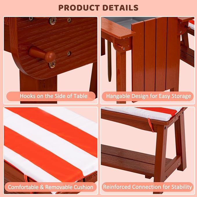 Kids Picnic Table with Umbrella, Outdoor Wooden Table & Bench Set w/Cushions & 2 Removable Boxes, 4-in-1 Children Sand and Water Activity Furniture w/Storage Cover for Patio, Garden