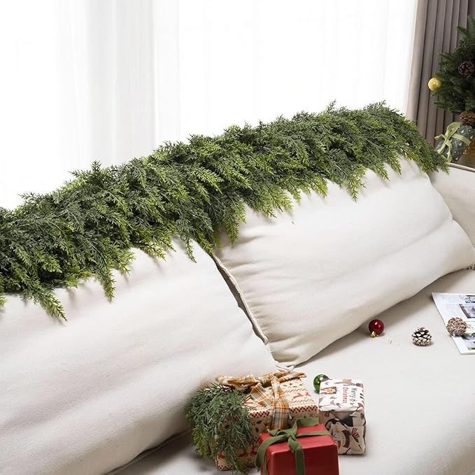 2 Pcs 9 Feet Christmas Cedar Garland - Thick & Lush Realistic Artificial Green Faux Cedar Pine Needles Garland for Christmas Winter Home Mantel Fireplace Holiday Party Decor