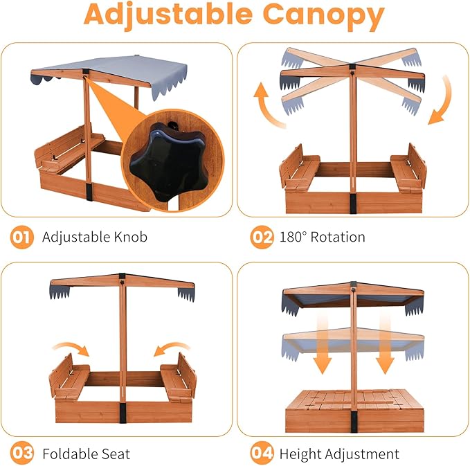 Wooden Kids Sandbox with Lid Sand Box with Canopy Outdoor Sandpit with Cover Adjustable Roof Bottom Liner