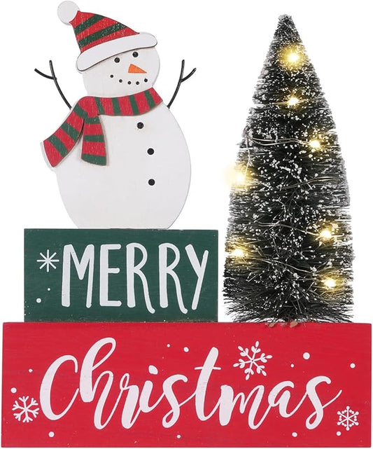 Christmas Decorations for Home LED Lighted Christmas Tree Decor with Timer Farmhouse Snowman Wooden Table Sign Vintage Holiday Xmas Party Winter Tiered Tray Signs