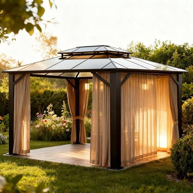 Premium 10x12 Hardtop Gazebo with Vented Polycarbonate Roof, Full Privacy Curtains & Mosquito Netting, Robust Aluminum Pergola for Patio, Garden & Deck – All-Season Weather Outdoor Shelter