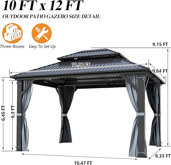 GARTOO 10'x12' Outdoor Hardtop Gazebo with Double Roof - Heavy-Duty Steel Top Aluminum Frame Gazebo with Breathable Netting & Privacy Curtain for Patio, Porch, Garden, Lawn, Deck, Backyard