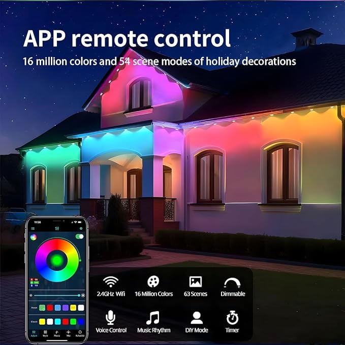 Permanent Outdoor Lights,Smart Outdoor LED String Lights,Christmas Lights RGB Color Changing, Scene Modes, IP67 Waterproof, App Control,Holiday, Party,Christmas Decorations