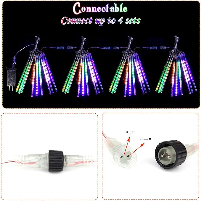 Outdoor Halloween Lights, 2 Pack Extendable Meteor Shower Lights Outdoor Waterproof with Timer, Total 432LED 18 Tubes Cascading String Light Plug in for Garden Halloween Yard (Orange Purple and Green)