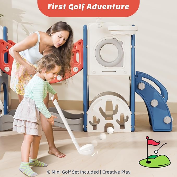 67i 10 in 1 Toddler Playground Playset with Swing Age 1-3 - Monkey Bar for Coordination, Easy Assembly, Sturdy Durable, Indoor Outdoor Birthday Gift with Basketball/Telescope (Red Blue, with Swing)