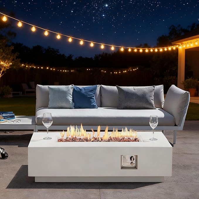ECOTOUGE 56''Gas Fire Pit, Outdoor Propane Firepit Table w/Side Handles, Auto-Ignition Rectangle Steel Fire Table, 50,000 BTU Concrete fire Pit w/Weather-Resistant Pit Cover£¨White, No Tank Cover£©