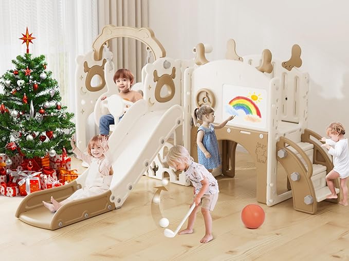 XJD 13-in-1 Toddler Slide and Swing Set, Kids Slide for Toddlers Age 1+, Toddler Outdoor Playset New Upgrade with Golf Set, Basketball Hoop, Drawing Board for Playground (Brown White)