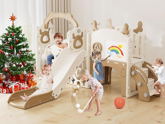 XJD 13-in-1 Toddler Slide and Swing Set, Kids Slide for Toddlers Age 1+, Toddler Outdoor Playset New Upgrade with Golf Set, Basketball Hoop, Drawing Board for Playground (Brown White)