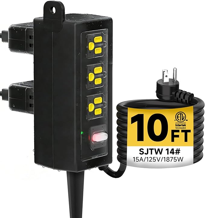 IP66 Outdoor Power Strip Waterproof,Heavy Duty Surge Protector, 10 FT Extension Cord, All-Weatherproof,6AC, Suitable for Outdoor, Work Room, Patio Gardens, Pool Parties,Black