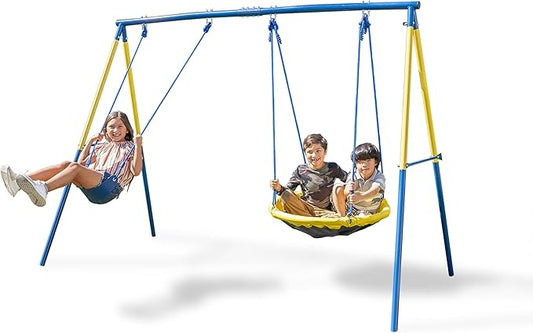 Sportspower My 1st Swing & Saucer Outdoor Playset for Backyard, Belt Swing & 32 Saucer Swing, 300lbs 6.17FT Heavy-Duty Metal A-Frame, for Kids 3 to 8