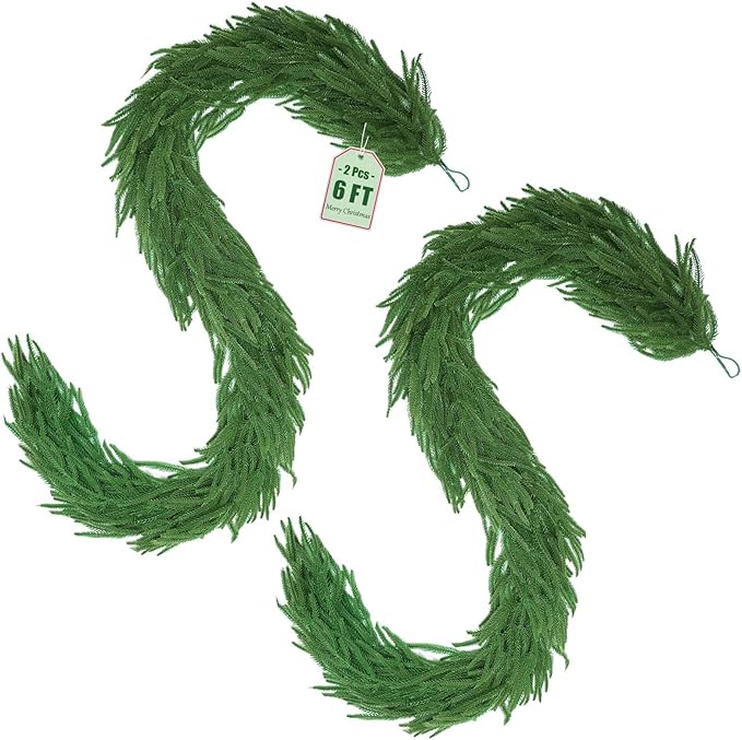 2Pcs 6FT Christmas Norfolk Pine Garland, Greenery Real Touch Decorations for Mantle Table Staircase Fireplace Mantel Porch Banister Holiday Home Winter Faux Xmas Garland Winter Indoor Outdoor Decor