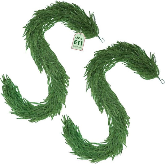 2Pcs 6FT Christmas Norfolk Pine Garland, Greenery Real Touch Decorations for Mantle Table Staircase Fireplace Mantel Porch Banister Holiday Home Winter Faux Xmas Garland Winter Indoor Outdoor Decor