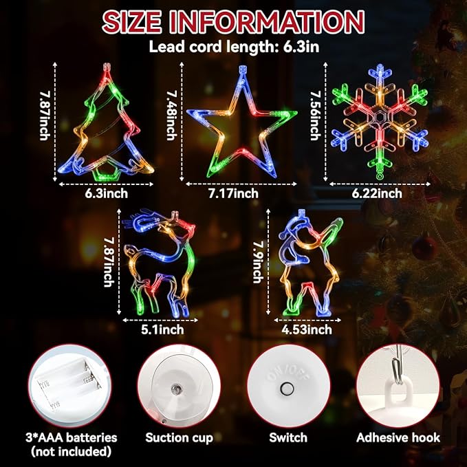 5Pcs Christmas Window Lights, Battery Powered Twinkle Lights Christmas Decorations Indoor Outdoor for Wall Door Porch Balcony Glass Decor with Suction Cup & Timer