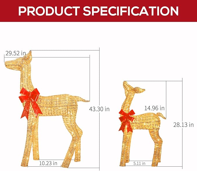 Hykolity 3.5 FT 3D Lighted Outdoor Christmas Reindeers, 2-Piece Light Up Christmas Deers with 130 Warm White LED Lights, Outdoor Reindeer Yard Decoration with Stakes, Zip Ties, Gold