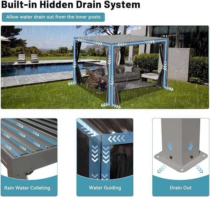 Louvered Pergola 10 x 12 FT, Aluminum Outdoor Pergola with Independent Adjustable Rainproof Top, Built-in Gutter System, Hardtop Patio Metal Pergolas for Deck Garden Backyard -Grey