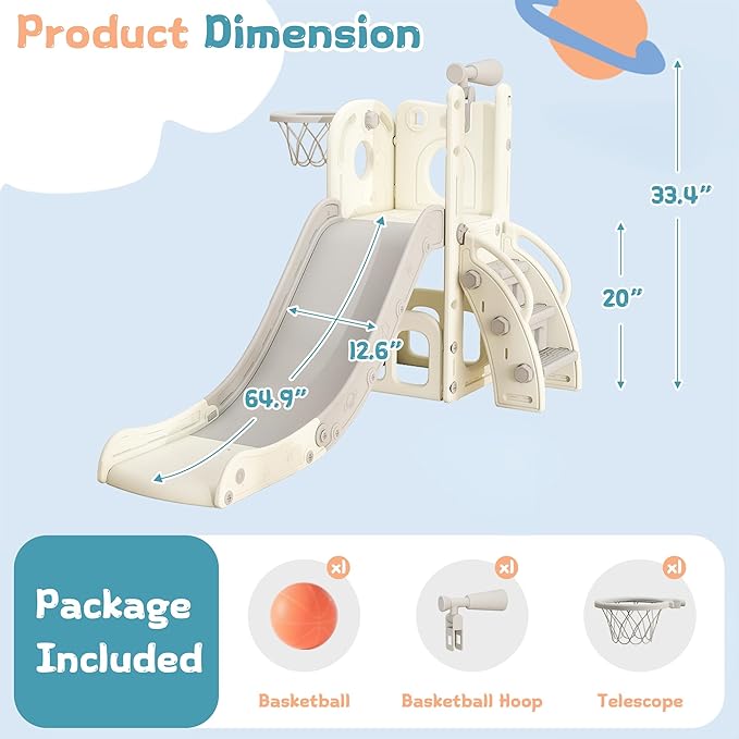 6 in 1 Toddler Slide, Kids Slider for 1-3, Indoor Outdoor Playset Playground with Basketball Hoop, Storage, Climber and Telescope, Great Gift for Baby & Child, Grey and White